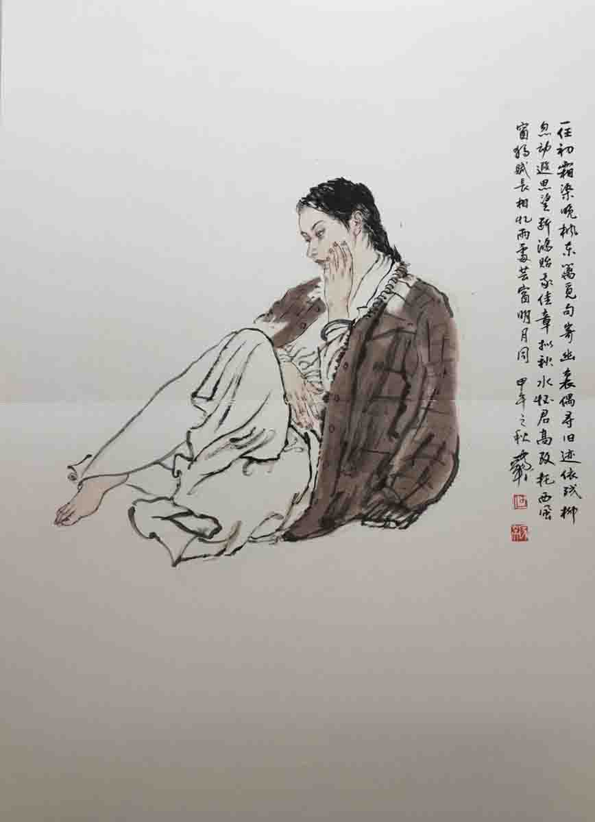 【交通障害】F25522 中国美術 何家英 作「水呈姿 裸婦画」美人画 女性画 掛軸 紙本 工芸 彩色 天津 中国名家 中国現代アート 掛軸